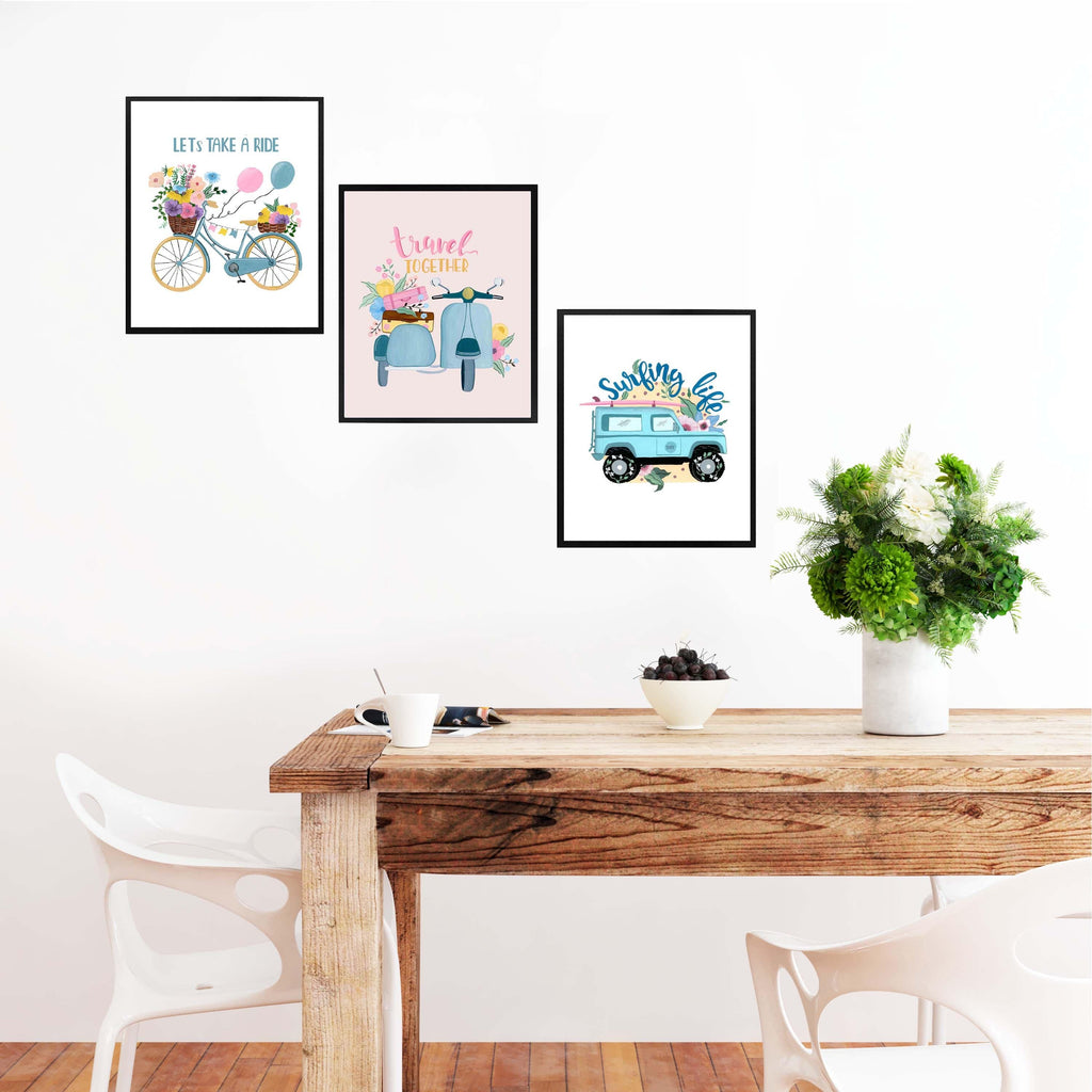 Whimsical Botanicals Framed Wall Art (Set of 3 - Lets take a ride, Keep growing, Hello Monstera) - The Spring Palette