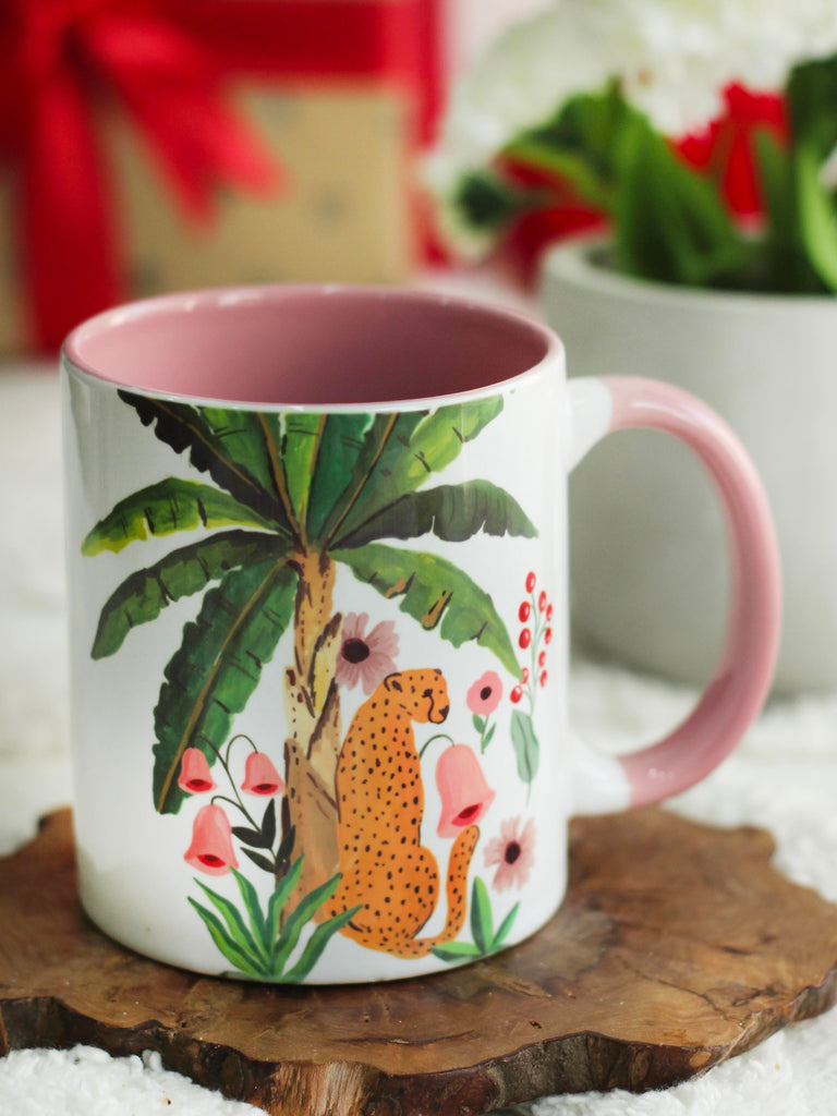 The Spring Palette MUGS Pink Ceramic Fierry Cat (With Banana Leaves) Coffee Mug