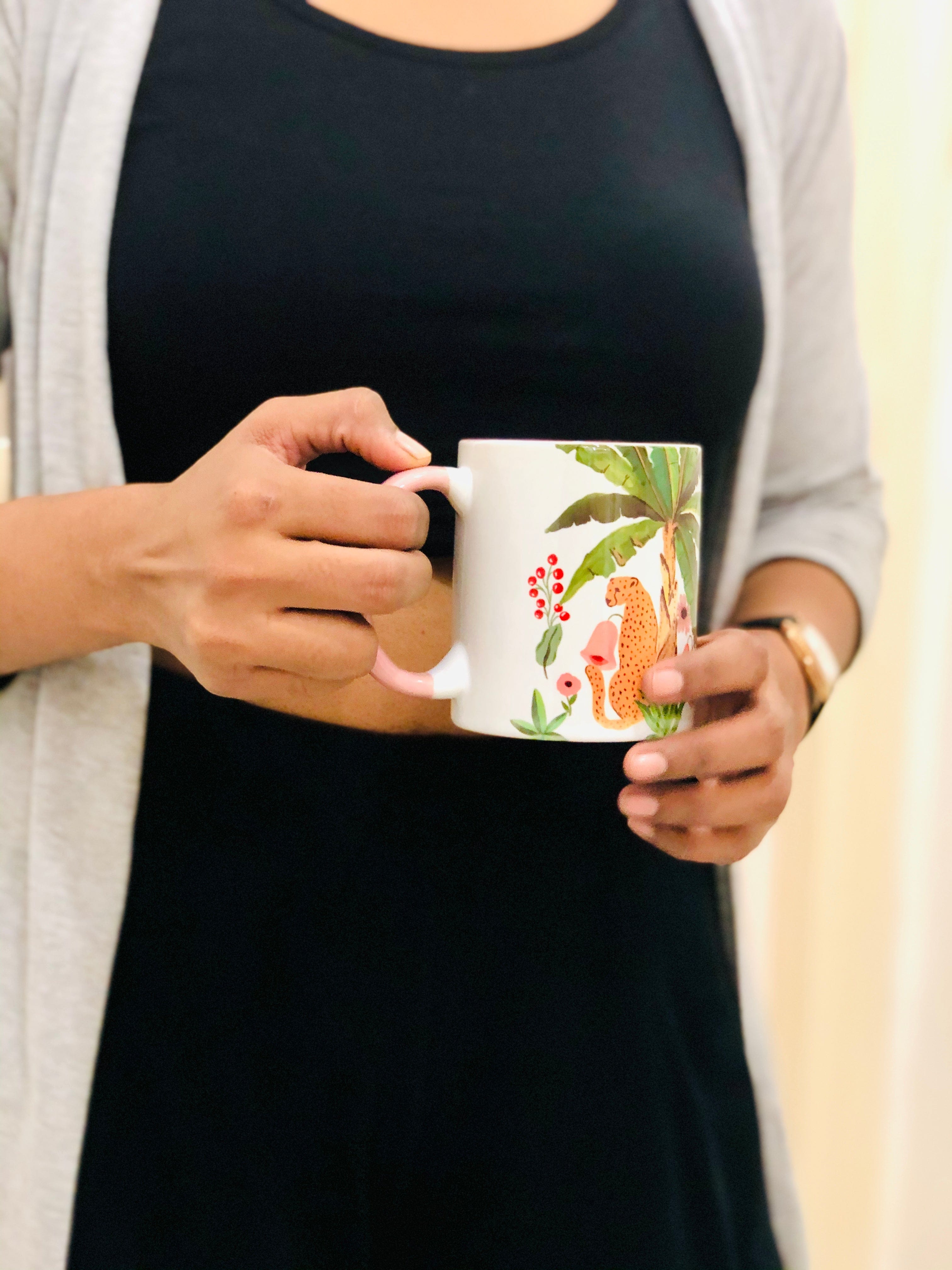 The Spring Palette MUGS Pink Ceramic Fierry Cat (With Banana Leaves) Coffee Mug