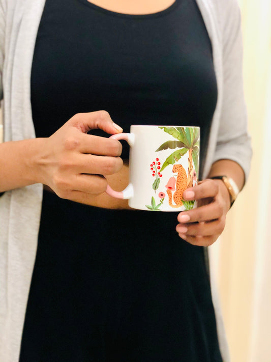 The Spring Palette MUGS Pink Ceramic Fierry Cat (With Banana Leaves) Coffee Mug