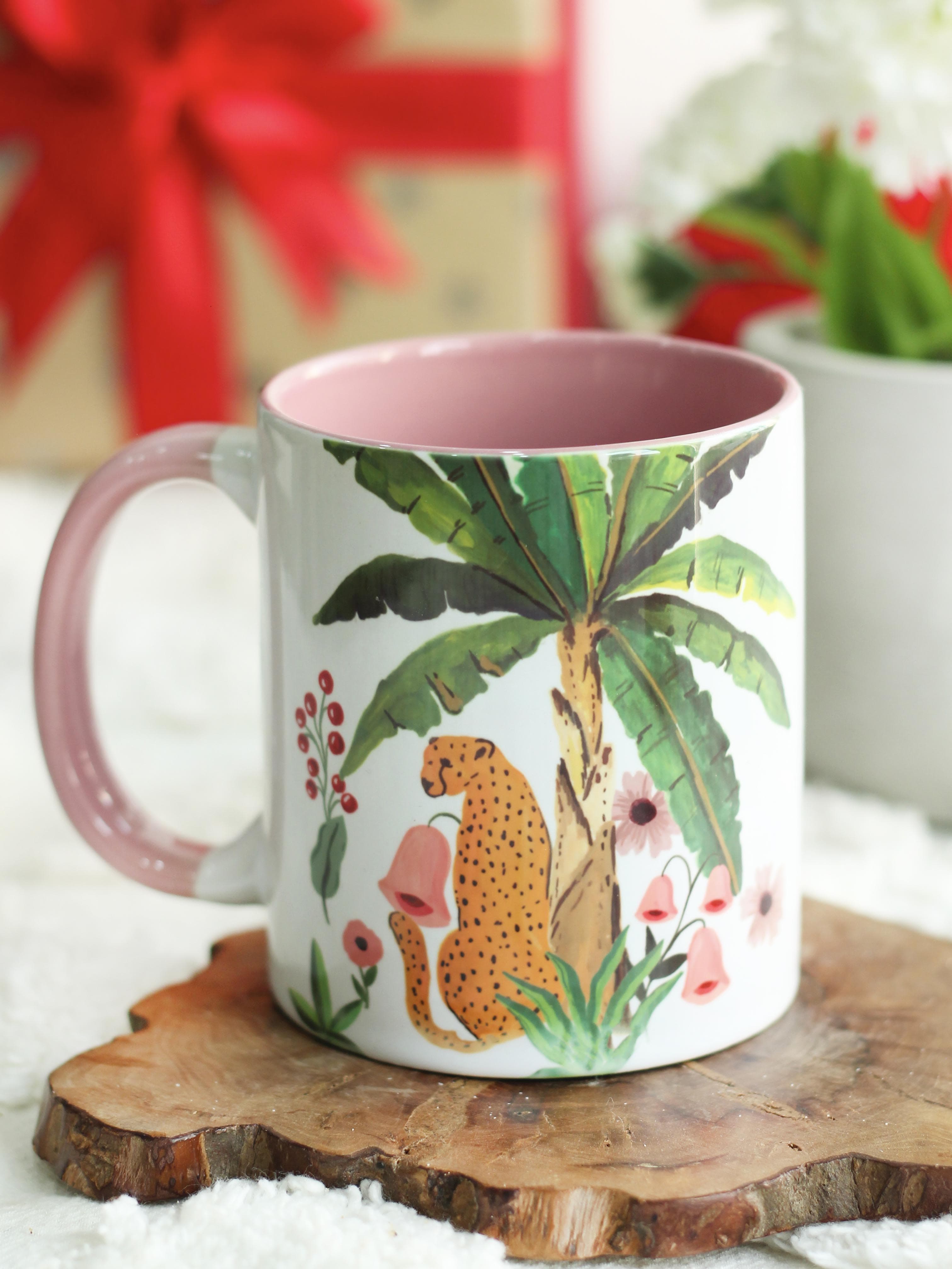 The Spring Palette MUGS Pink Ceramic Fierry Cat (With Banana Leaves) Coffee Mug