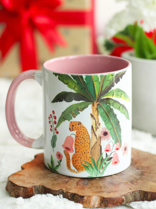 The Spring Palette MUGS Pink Ceramic Fierry Cat (With Banana Leaves) Coffee Mug
