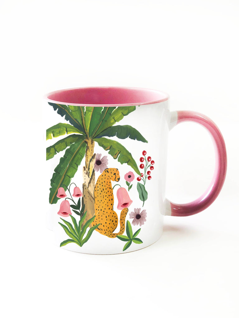 The Spring Palette MUGS Pink Ceramic Fierry Cat (With Banana Leaves) Coffee Mug
