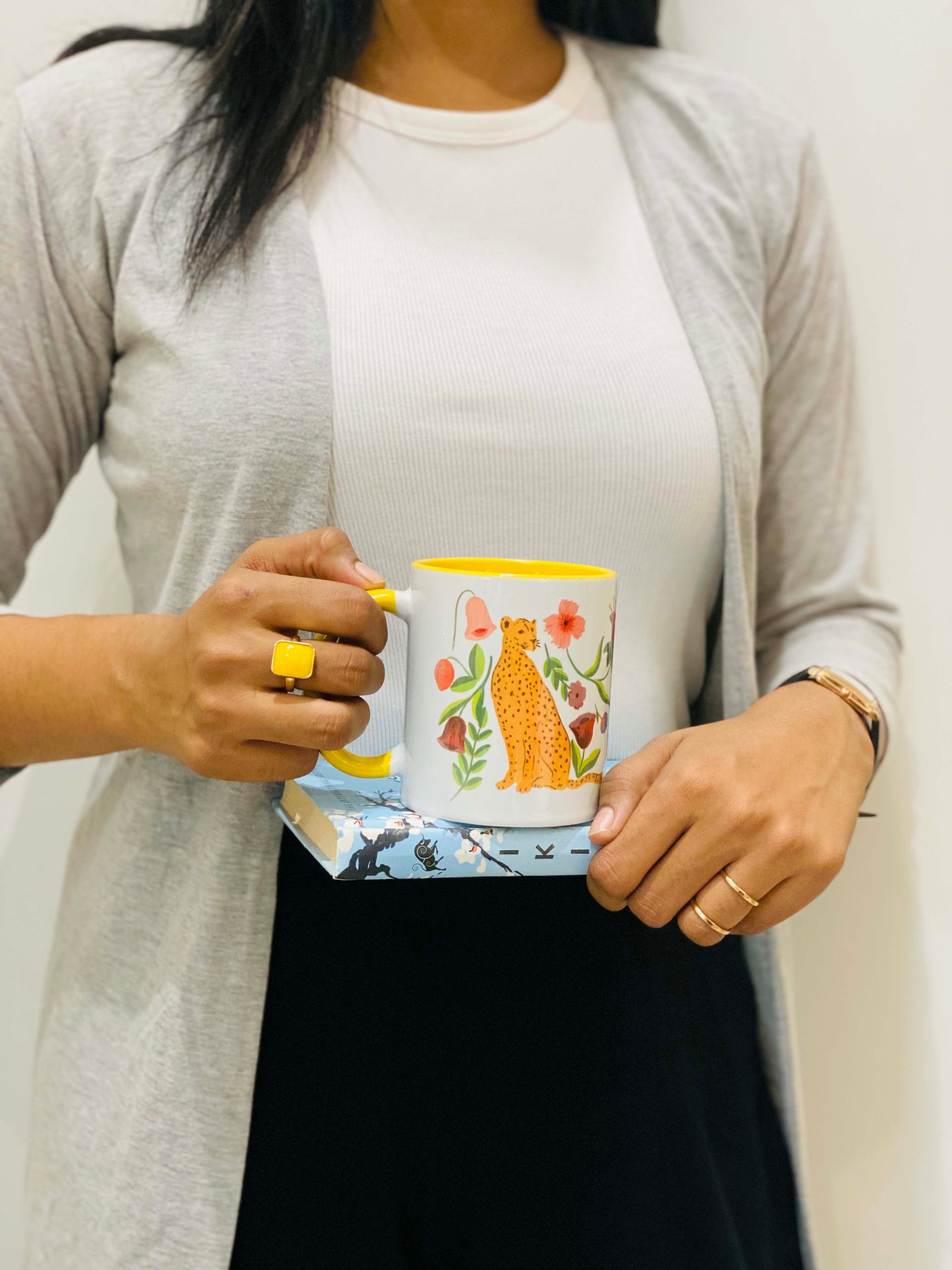 The Spring Palette MUGS Yellow Ceramic Fierry Cat (With Florals) Coffee Mug