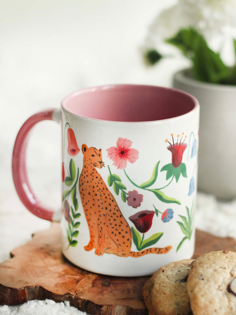 The Spring Palette MUGS Pink Ceramic Fierry Cat (With Florals) Coffee Mug