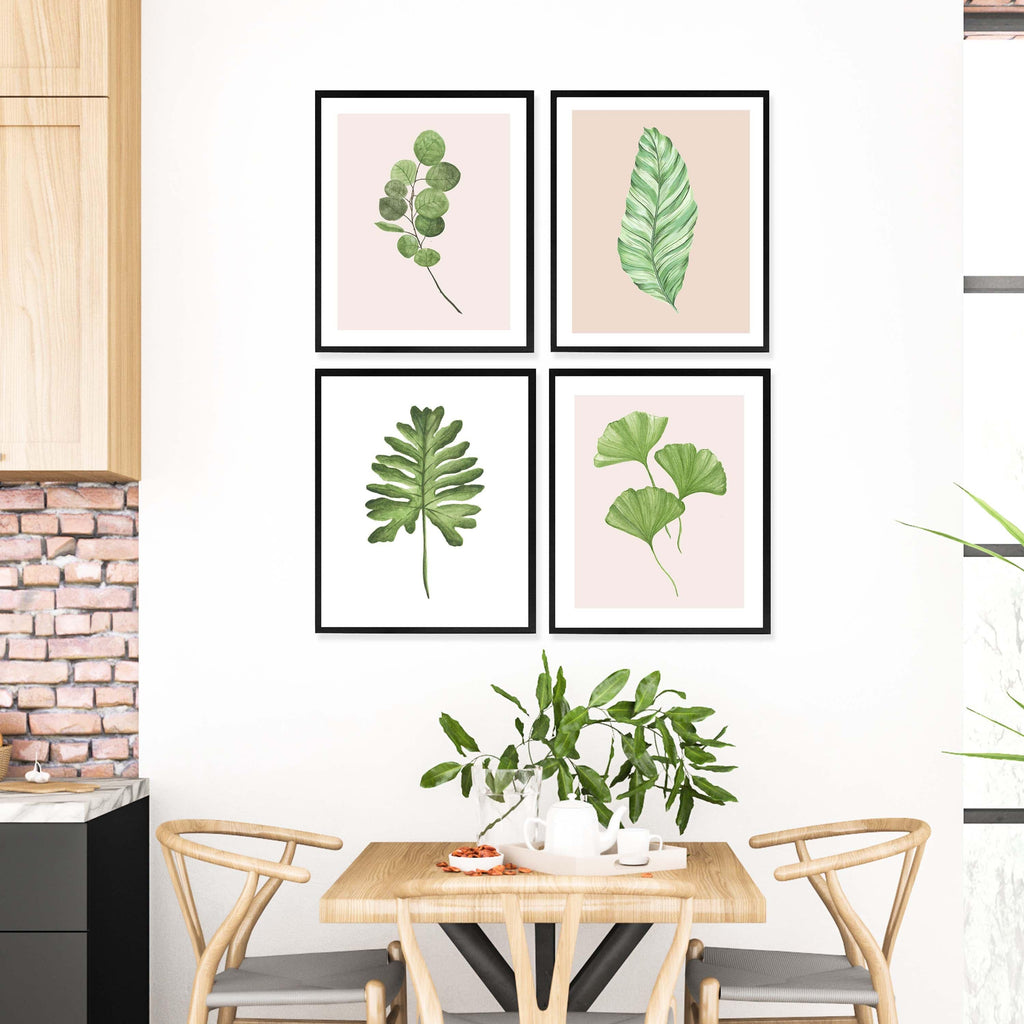 Lively greens Framed Wall Art (Set of 4 - Eucalyptus, Banana, Ginko, Philodendron) - The Spring Palette