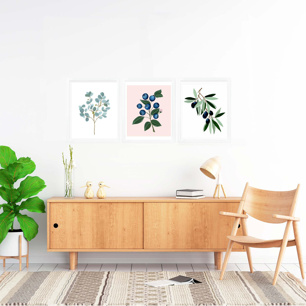 Modern Botanicals Framed Wall Art (Set of 3 - Eucalyptus, Blueberry, Olive) - The Spring Palette