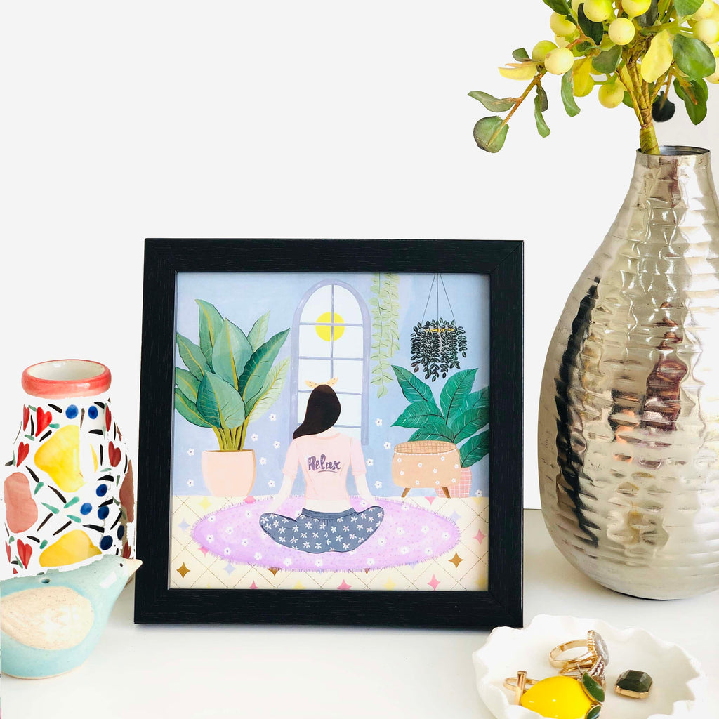 The Spring Palette Art Print (Framed option) Black Relax Girl Mini Wall Art Frame (Table Top Mount)